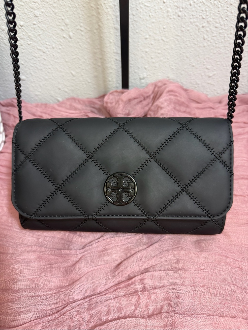 Tory Burch Willa Matte Black Quilted Chain Wallet